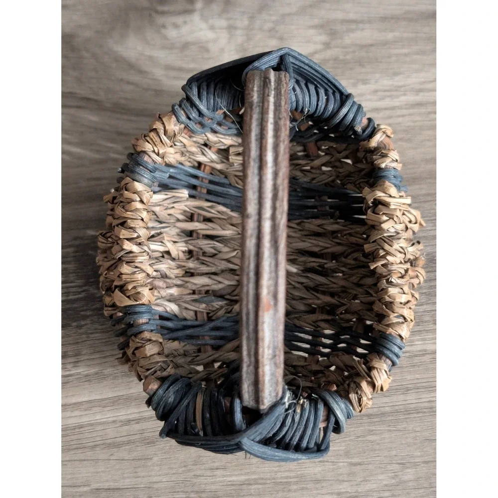 Vintage Miniature Woven Basket Blueish Green & Brown Seagrass Twig Handle Rustic